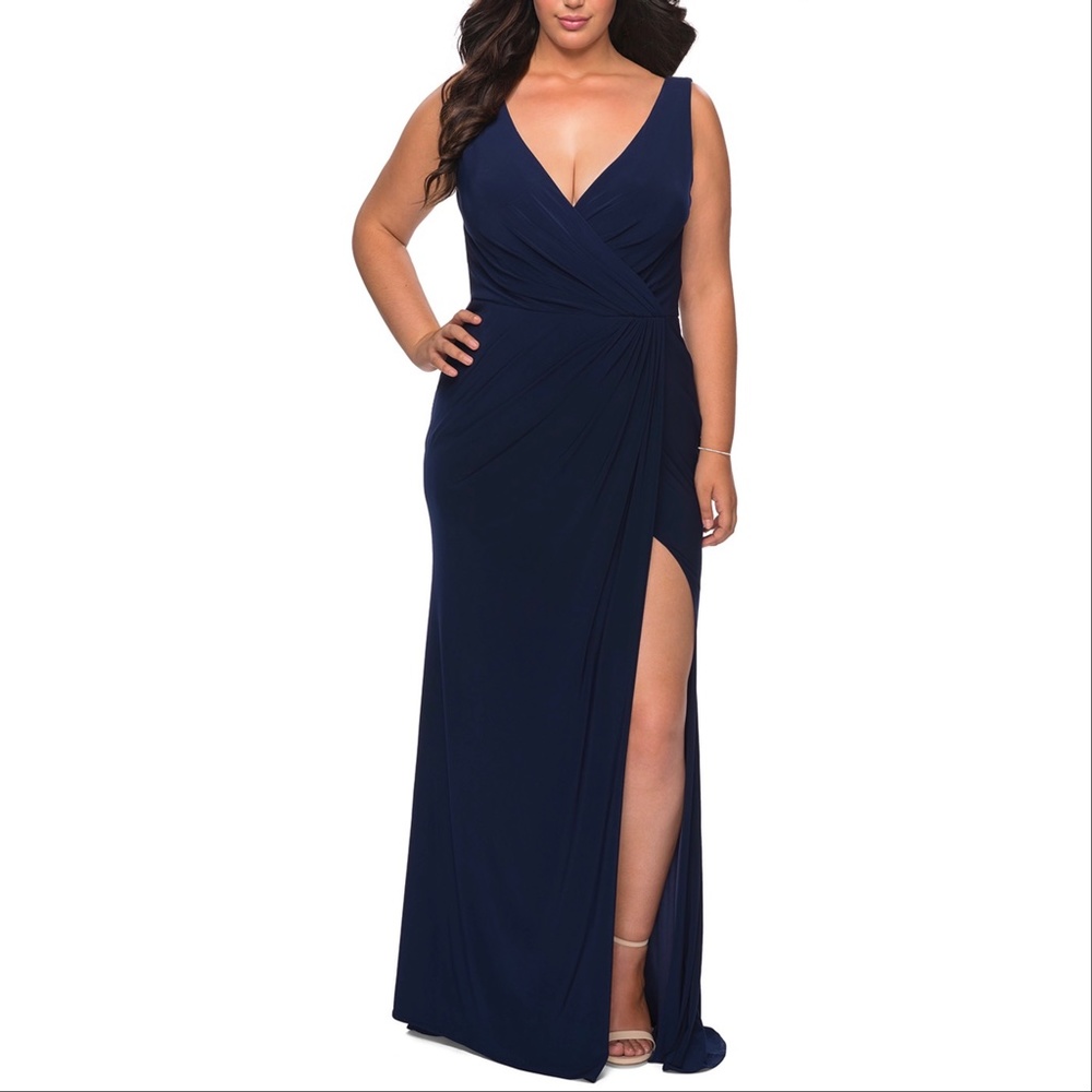La Femme 28882 V-Neck Side Slit Jersey Gown